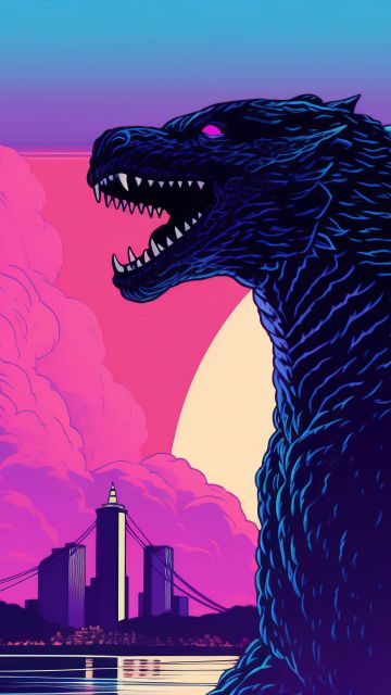 Godzilla, RetroWave art, 5K, Kaiju