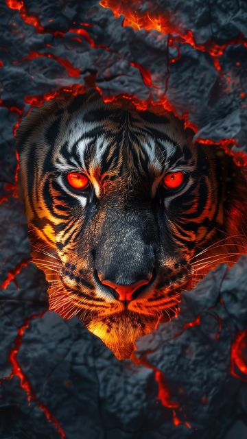 Fire, Tiger face, Lava, Closeup, Dark aesthetic, 5K