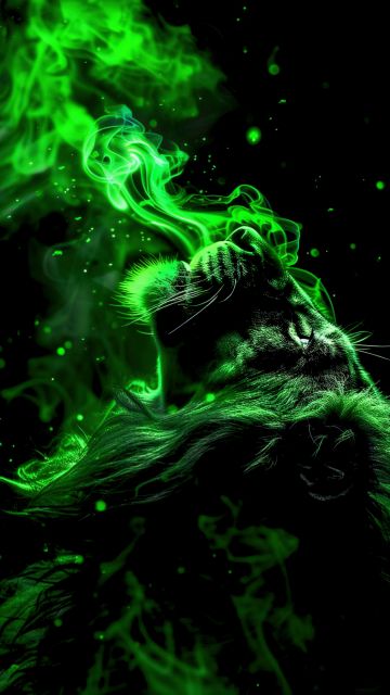 Lion, Green aesthetic, AMOLED, Smoke, 5K, Black background, Dark theme