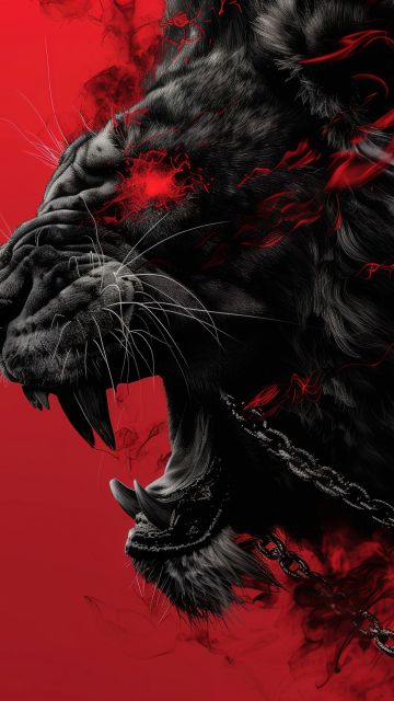 Lion, Red aesthetic, Red background, Roaring