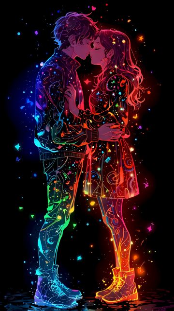 Kissing couple, Colorful art, AMOLED, Black background, 5K, Romantic kiss, Love couple