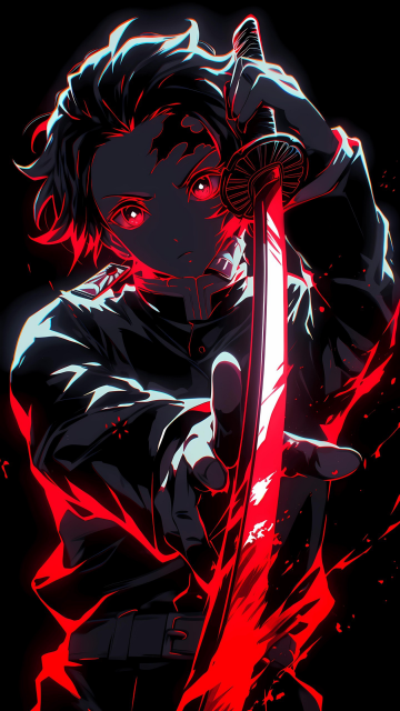 Tanjiro Kamado, AMOLED, Red aesthetic, 5K, Black background, Sword, Demon Slayer: Kimetsu no Yaiba