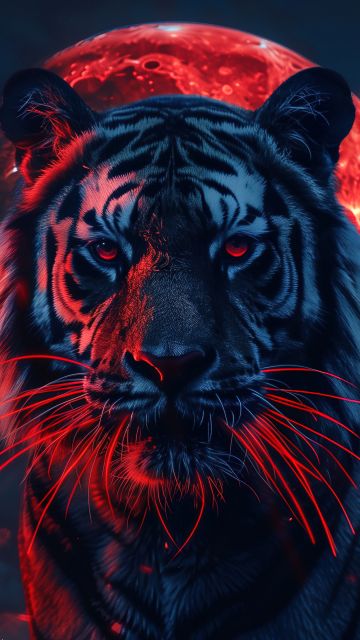 Tiger, Red aesthetic, Red moon, 5K, AI art, Closeup Photography