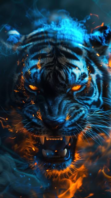 Roaring, Tiger, Flames, 5K, AI art, Dope