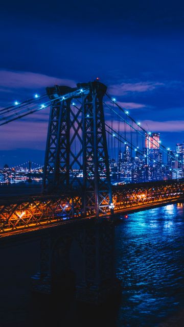 Williamsburg Bridge, Suspension bridge, New York City, City lights, Night, Cityscape, USA, 5K