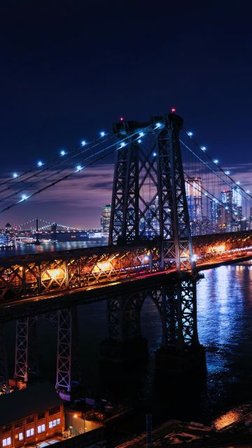 Williamsburg Bridge, New York City, Suspension bridge, City lights, Night, Cityscape, USA