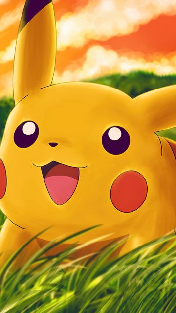 Pikachu, Adorable, Pokemon, Cartoon, Grass field, Sunset, Happy, Joyful