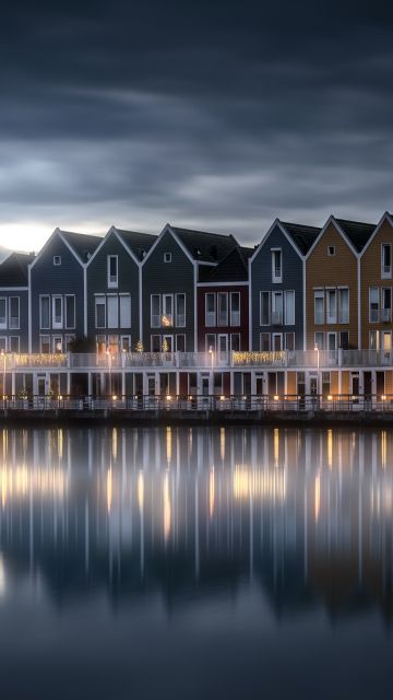 Rainbow houses, Netherlands, Colorful, Lakeside, Evening sky, Reflection, 5K, 8K, Scenic, Wooden House, Aesthetic, Dark clouds