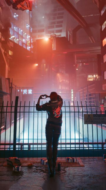 V (Cyberpunk), Love heart, Cyberpunk 2077, Dystopian, Night City, 5K