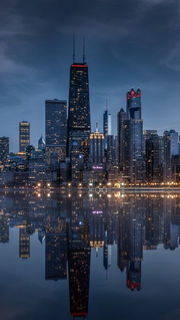 Chicago City, Skyline, Cityscape, Illinois, USA, United States of America, Urban, Skyscrapers, Dusk, Evening sky, Dramatic, Reflections, Lake Michigan, Waterfront, City lights, 5K, 8K