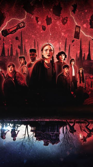 Stranger Things, Character art, Netflix series, 5K, Reflection, Red background