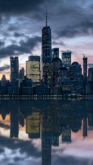 Manhattan Skyline, Hudson River, Cityscape, New York City, Skyscrapers, Urban, Metropolitan, 5K, Reflection, Dusk, Evening sky