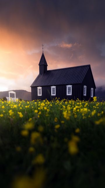 Black Church of Budir, Landscape, Iceland, Religious, Chapel, Christianity, Meadow, Sunset, Scenic, Tranquility, Isolated, Countryside, 5K