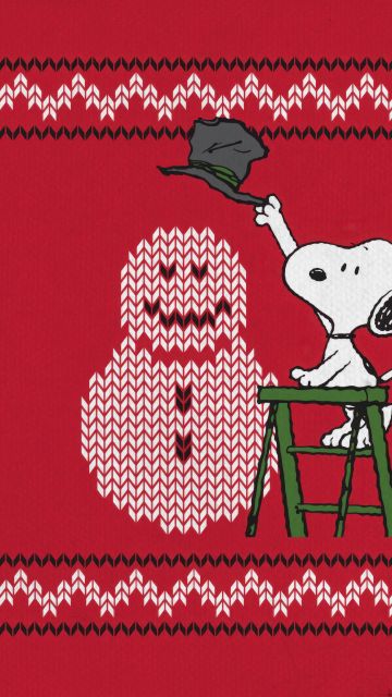 Snoopy, Snowman, Christmas background, Red background, 5K, Peanuts, Happy, Cartoon, Knitted, Illustration, Adorable, Cheerful, Festive season