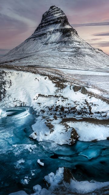 Kirkjufell mountain, Iceland, Waterfall, Winter Mountains, Scenic, Landscape, Twilight, Frozen, Tourist attraction, 5K, 8K, Arctic