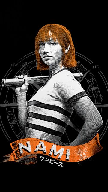 Emily Rudd as Nami, One Piece, Netflix series, Black background, 5K, 8K, AMOLED