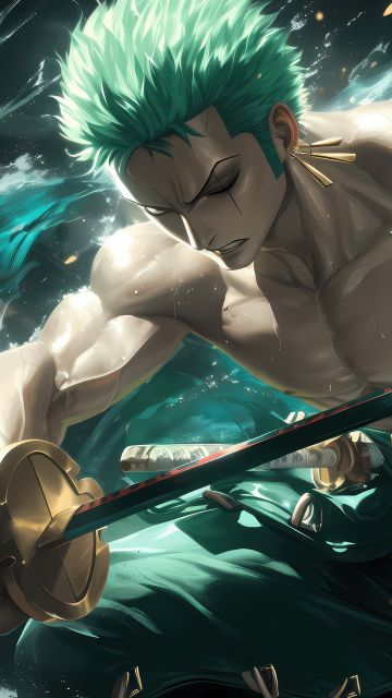 Roronoa Zoro, Muscular, Powerful, Fierce, One Piece, 5K, Green aesthetic, Sword