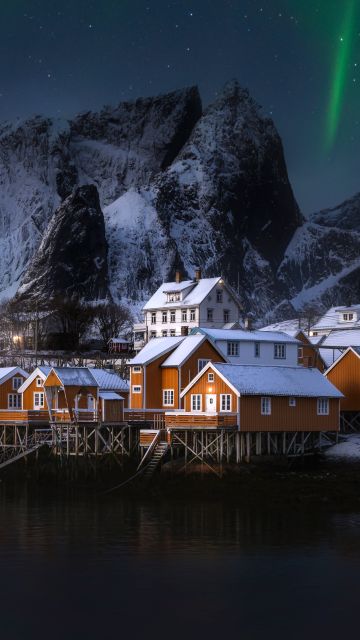 Lofoten Islands, Ultrawide, Norway, Aesthetic, Serene, Aurora Borealis, Northern Lights, Village, 5K, Snow covered, Snow mountains, Panorama