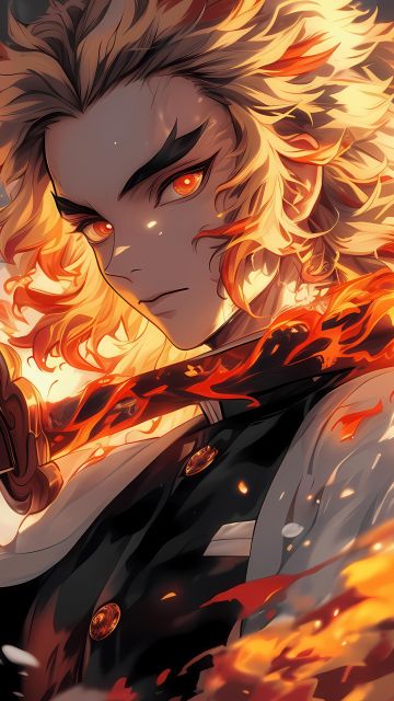 Kyojuro Rengoku, Sword, Fire effect, Demon Slayer: Kimetsu no Yaiba, 5K, Katana