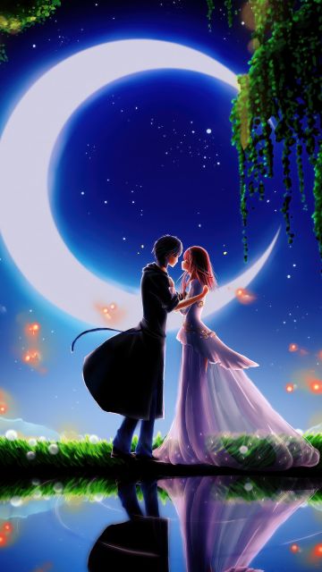 Anime couple, Kiss, Romantic kiss, Crescent Moon, Reflection, Dreamy, Magical, 5K