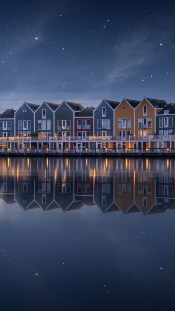 Colorful, Lakeside, House, Rainbow, Stars in sky, Evening sky, Reflection, Netherlands, 5K, Scenic, Wooden House, Aesthetic