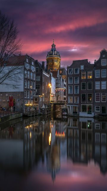 Amsterdam, Aesthetic, Night City, Sunset, Cityscape, Canal, Buildings, Reflection, European, Tourist attraction, Night photography, 5K