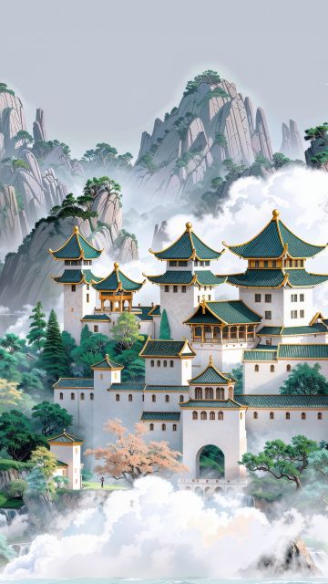 Chinese architecture, Temple, Clouds, Mountains, Asian, Surrealism, Fantasy artwork, Digital Art, AI art, 5K