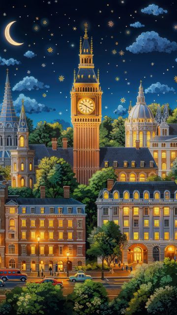 London, Aesthetic, Big Ben, Cityscape, Night City, Night sky, Stars in sky, Crescent Moon, Night illumination, Buildings, 5K, AI art, United Kingdom, England, Europe, Urban, Tourist attraction