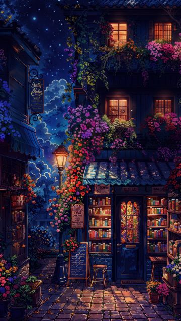 Cozy, Shop, Night illumination, Night sky, Books, Digital Art, Nostalgic, Vintage, AI art