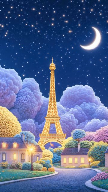 Eiffel Tower, Dreamy, Aesthetic, Night sky, Crescent Moon, Stars in sky, Illuminated, Digital Art, 5K