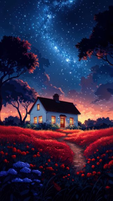 Surreal, Scenery, AI art, Landscape, Night, Milky Way, 5K, House, Aesthetic