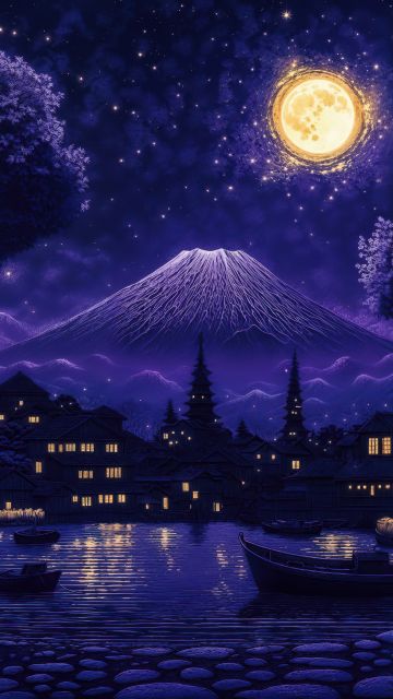 Mount Fuji, Aesthetic, Indigo background, Moon, Reflection, Night, Boats, 5K, AI art