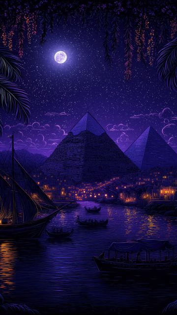 Egyptian Pyramids, Purple aesthetic, Night, Moonlight, Illuminated, Boats, Surrealism, Palm trees, 5K, Purple sky, Reflection