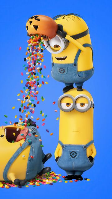 Minions, Halloween party, Funny, Blue background, 5K, 8K, Candies