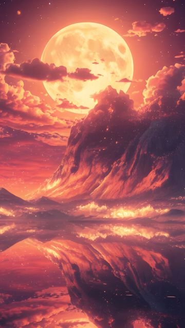 Volcanic, Moon, Burning Sky, Ethereal, Dreamlike, Apocalyptic, Celestial, Landscape, Digital Art, 5K