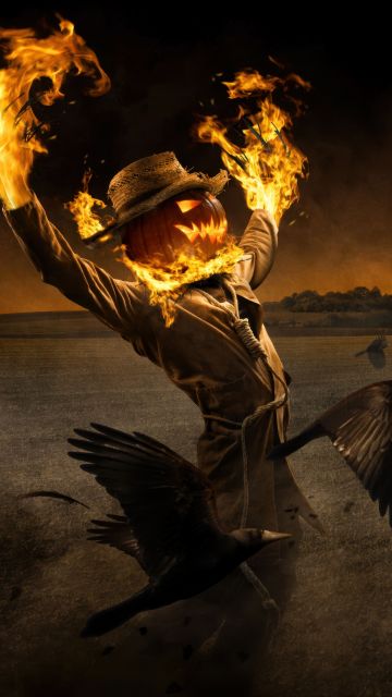 Scarecrow, Halloween night, Fire, Burning, Crows, Spooky, Scary, Gothic, Horror, 5K