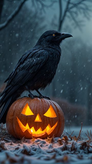 Halloween Pumpkin, Crow, Halloween night, Snowfall, Winter snow