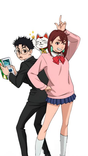 Dandadan, White background, Anime couple, Momo (Dandadan), Okarun (Dandadan), Netflix series