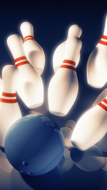 Bowling pins, Bowling ball, Blue background, 5K