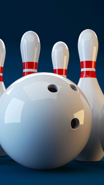 White, Bowling pins, Blue background, 5K, 8K, Bowling ball