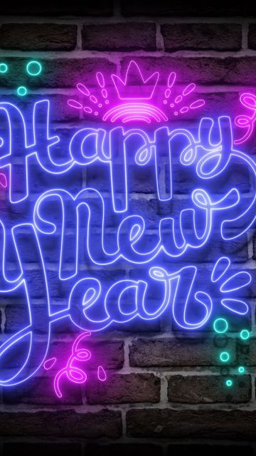 Happy New Year, Neon sign, Brick wall, 5K, Dark background, Dark aesthetic