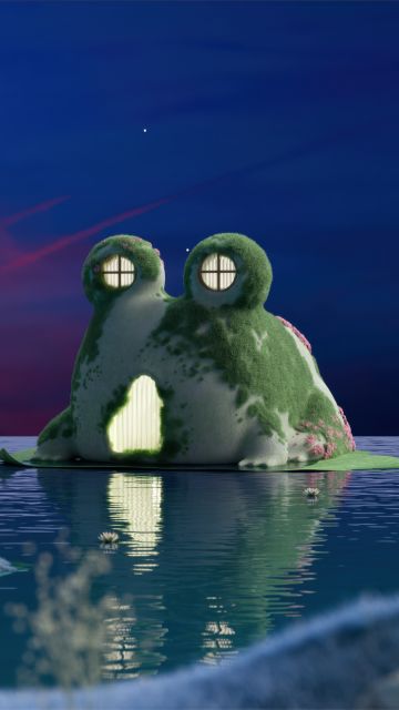 Frog house, Aesthetic, Night, Dreamlike, Starry sky, Lake, 5K