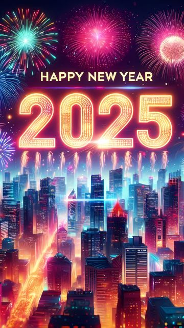 2025, New Year celebrations, Happy New Year 2025, Futuristic city, Neon city, Fireworks, 5K