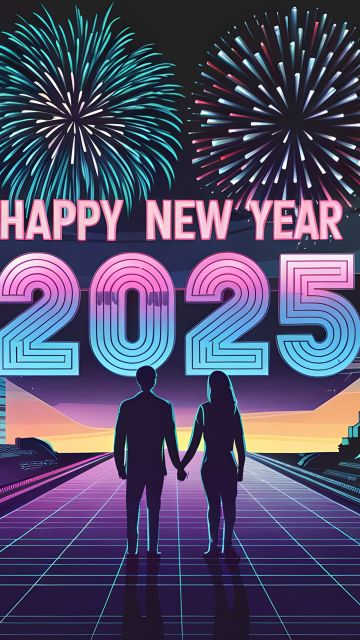 Happy New Year 2025, Couple, New Year celebrations, Dystopian, Cyberpunk, Neon city, 5K