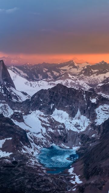 Mountain Landscape, Alps, Scenery, Snowcapped mountains, Mountains, Mountain Peaks, Sunset, Dusk, Dramatic, Panoramic, Aerial Photography, 5K, 8K, Mountain lake