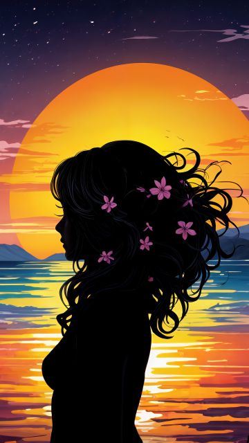 Woman, Silhouette, Girly backgrounds, Tropical beach, Sunset, AI art, Colorful art, 5K