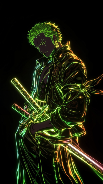 Roronoa Zoro, Neon art, AMOLED, Black background, One Piece, 5K