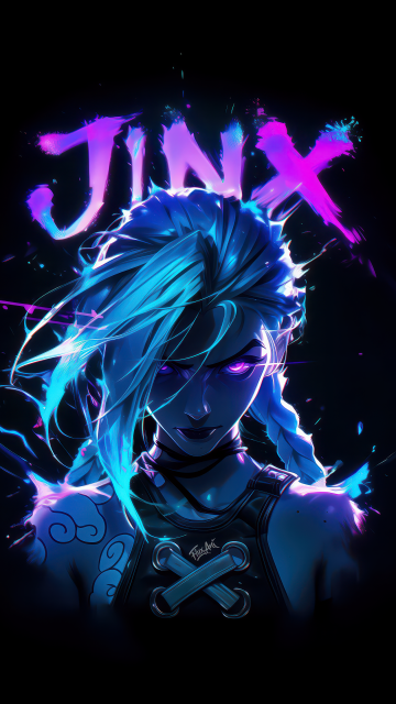 Arcane Jinx, Neon art, League of Legends, Dark background, Dark aesthetic, 5K