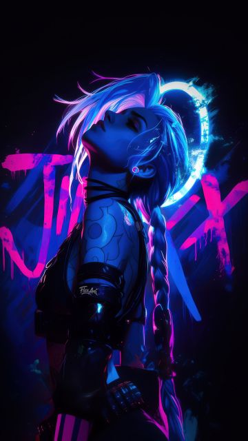 Jinx, Neon art, 5K, Dark background, League of Legends