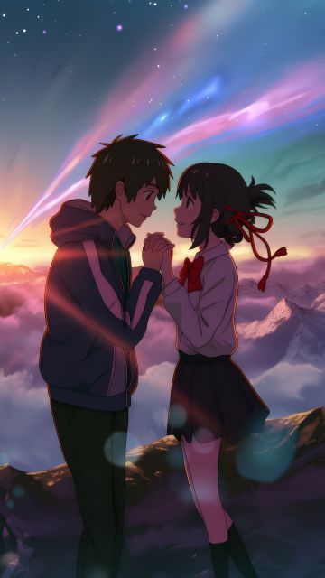 Kimi no Na wa, Love couple, Your Name, Mitsuha Miyamizu, Taki Tachibana, 5K, Anime couple, Comet Tiamat, Shooting stars